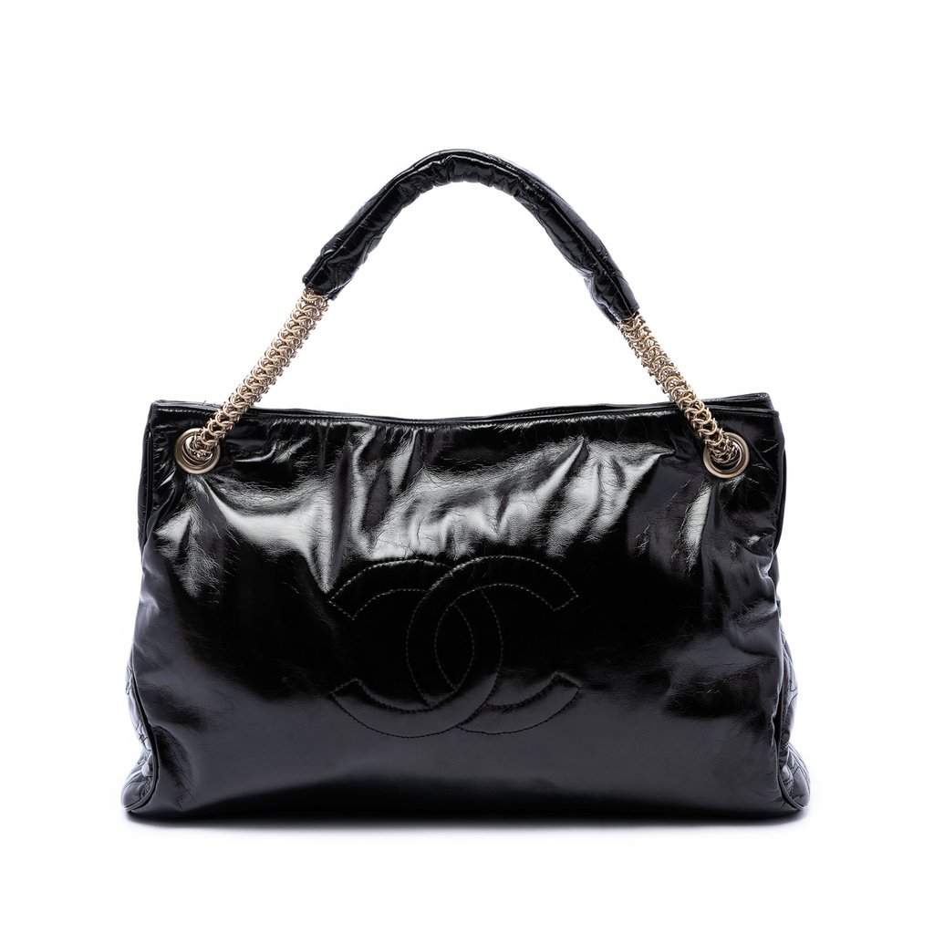 Chanel Crinkled Patent Rodeo Drive Tote Black X-Large Leathe