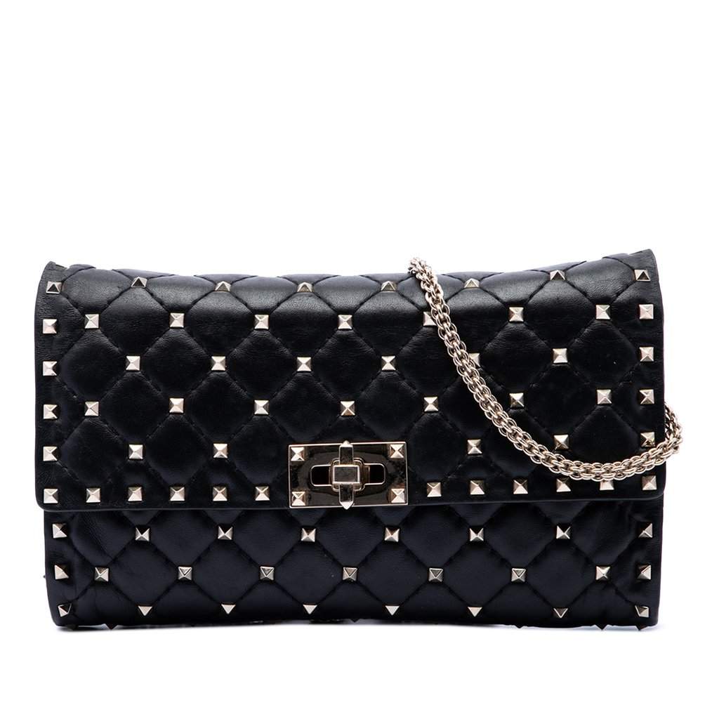 Valentino Nappa Rockstud Spike Wallet On Chain Black Leather Very good - Front View