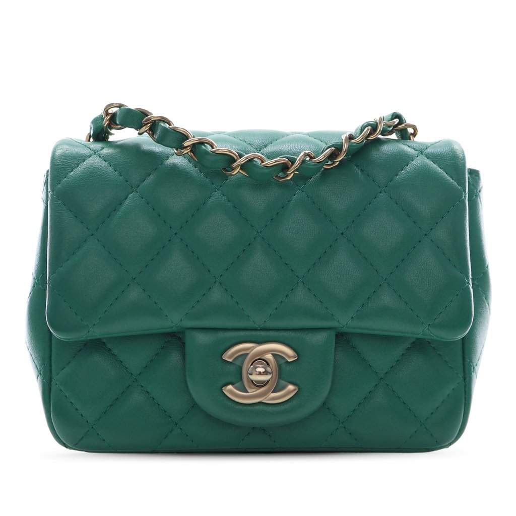 Chanel Mini Square Classic Lambskin Single Flap Green Leather Very good condition - Front View