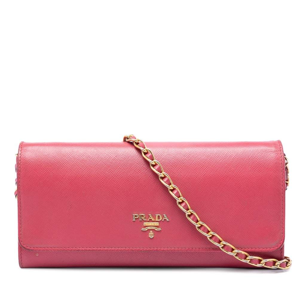 Prada Saffiano Wallet On Chain Pink Leather Very good - Front View