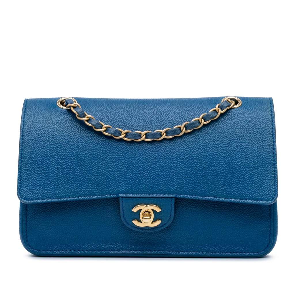 Chanel Medium Classic Caviar Pure Double Flap Blue Leather Very good condition - Front View