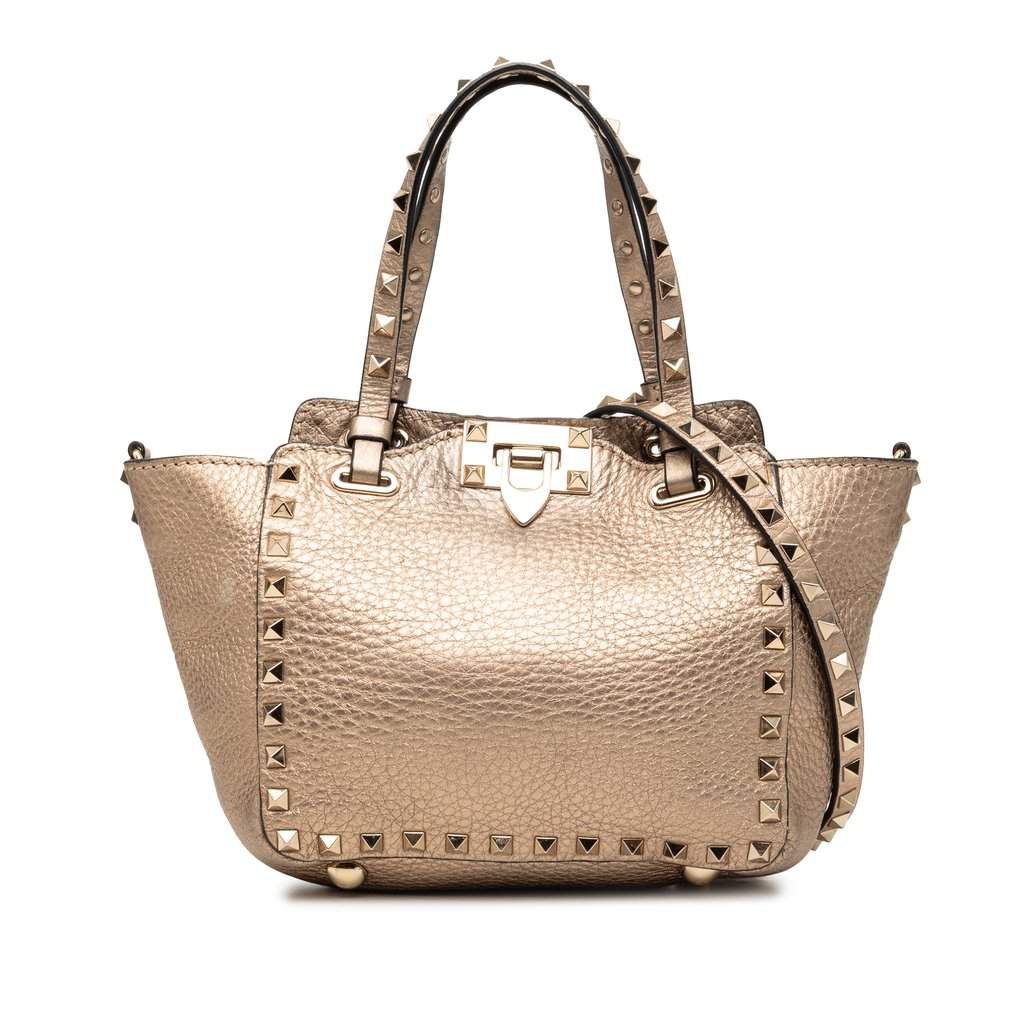 Valentino Mini Metallic Pebbled Calfskin Rockstud Trapeze Satchel Gold Leather Very good condition - Front View