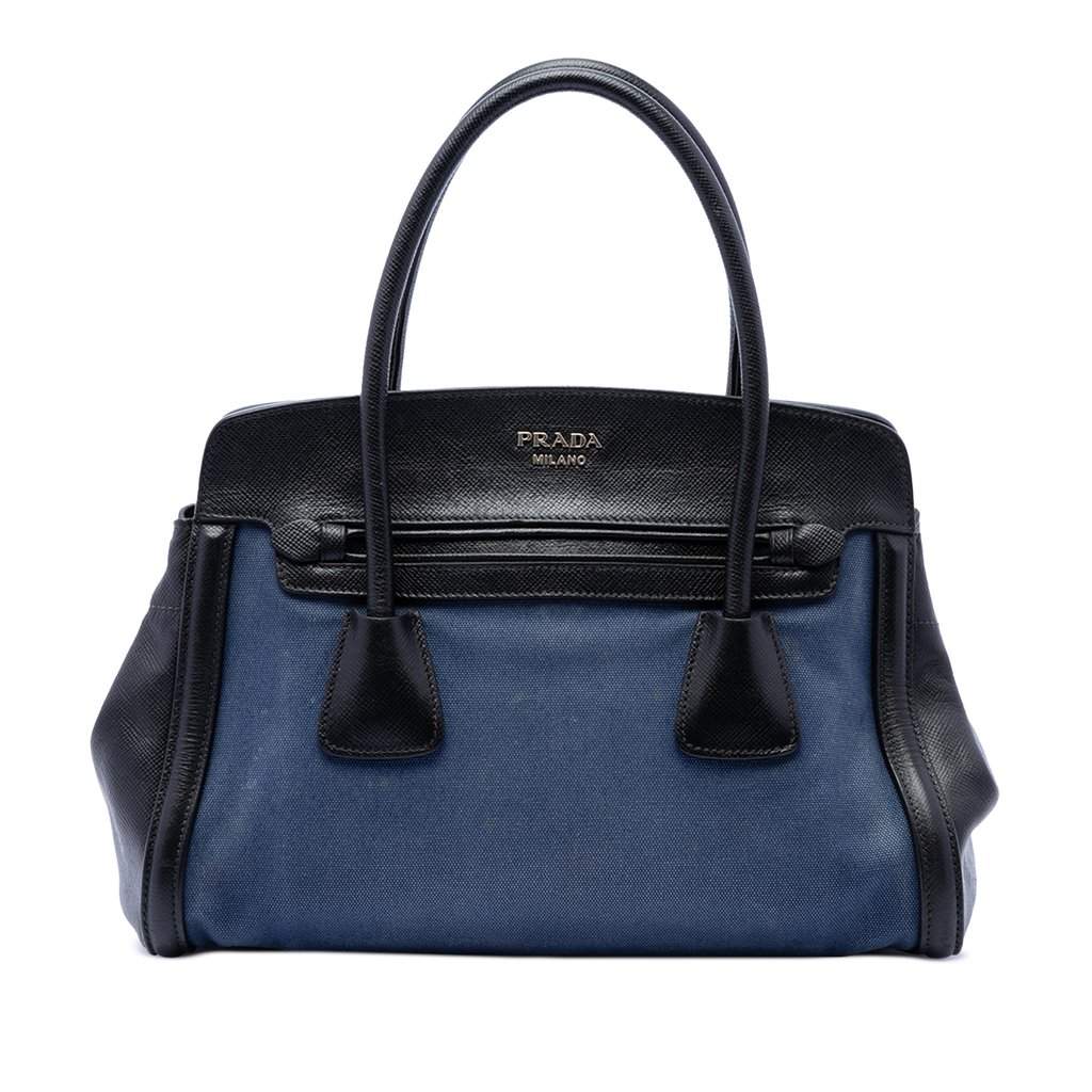 Prada Bicolor Saffiano Cuir Trimmed Canvas Satchel Blue Very good condition - Front View