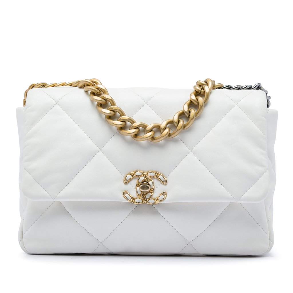 Chanel Large Lambskin 19 Flap White Leather Very good condition - Front View