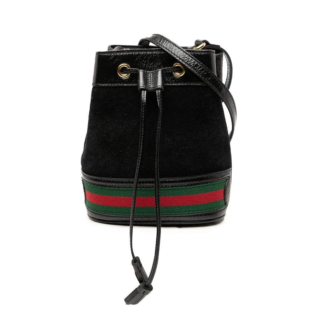 Gucci Mini Suede and Patent Web Ophidia Bucket Bag Black Leather Very good - Front View
