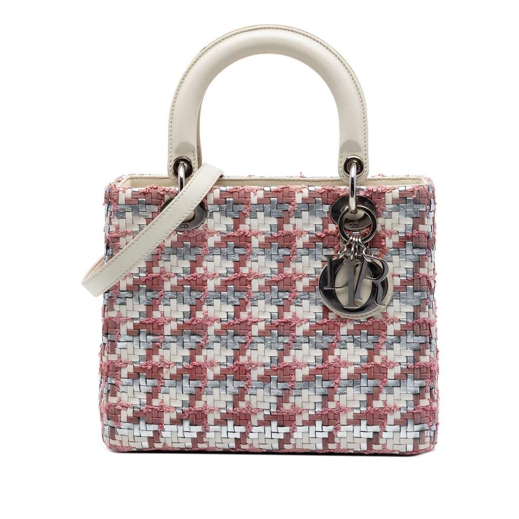 Dior Medium Woven Lambskin and Tweed Lady Dior White Leather Very good - Front View