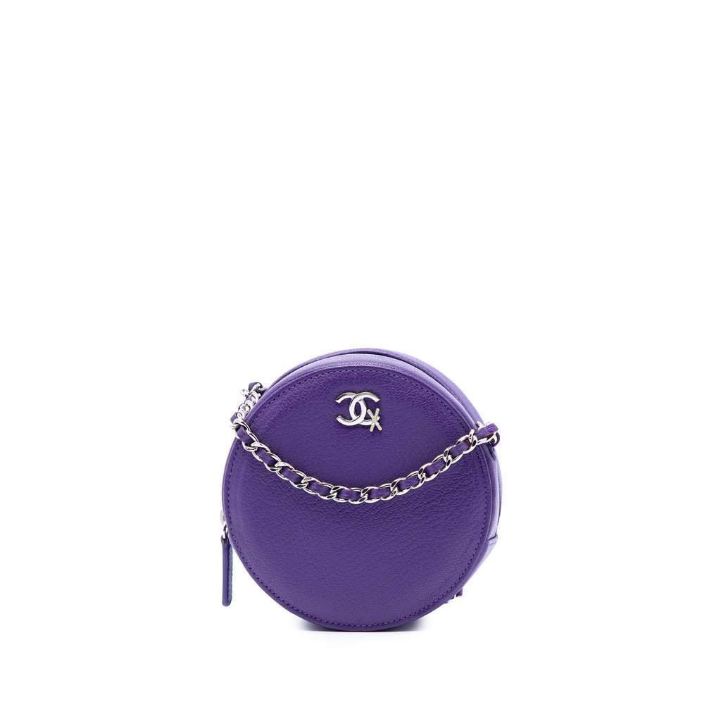 Chanel CC Goatskin Round Ski Clutch with Chain Purple Leather Very good - Front View