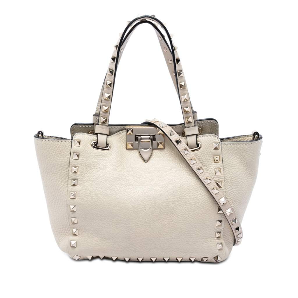 Valentino Mini Pebbled Calfskin Rockstud Trapeze Satchel White Leather Very good condition - Front View