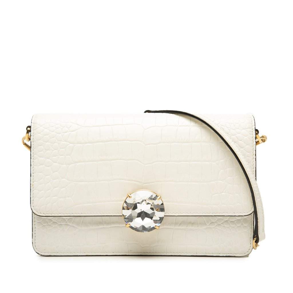Miu Miu Croc Embossed Leather Crystal Solitaire Crossbody White Leather Very good condition - Front View