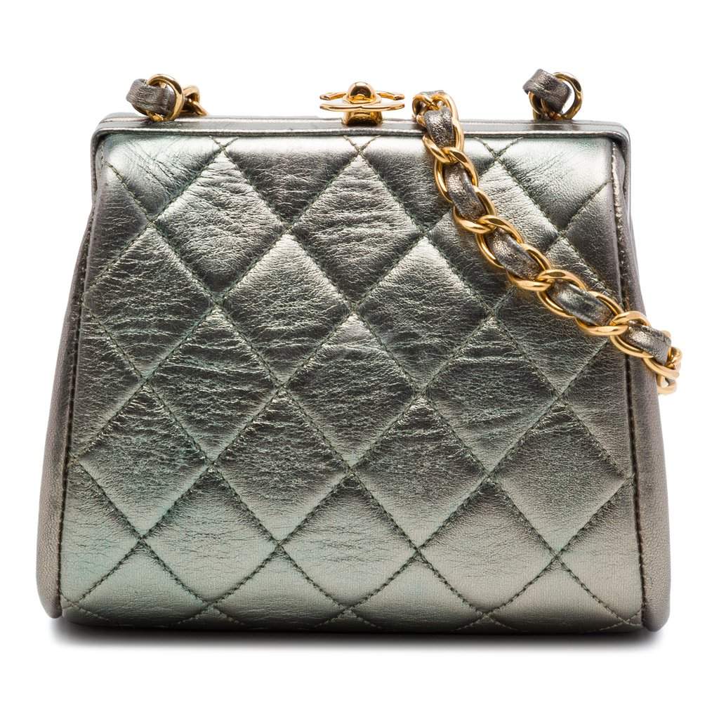 Chanel Mini CC Quilted Metallic Lambskin Frame Crossbody Silver Leather Very good condition - Front View