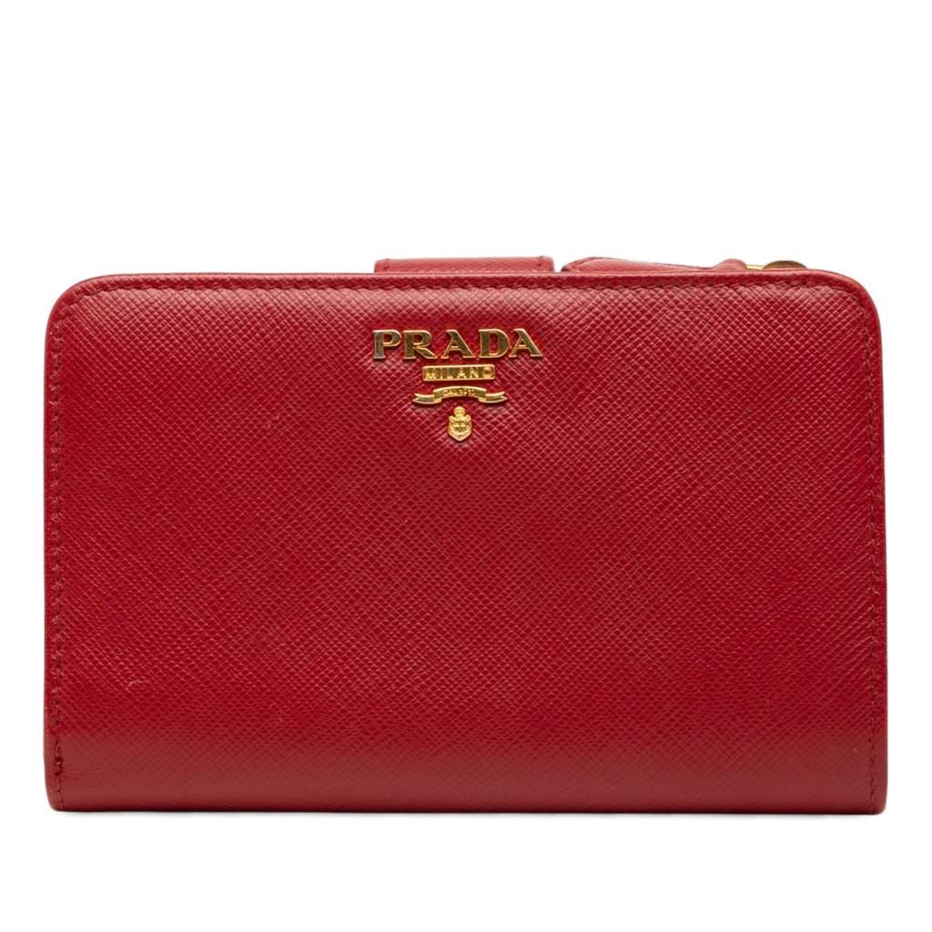 Prada Saffiano Bifold Compact Wallet Red Leather Very good condition - Front View