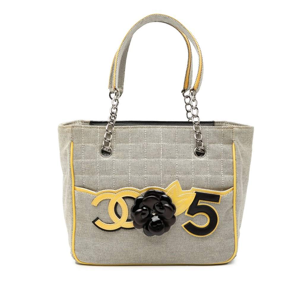 Chanel CC Camellia No. 5 Choco Bar Canvas Tote Silver Very good condition - Front View