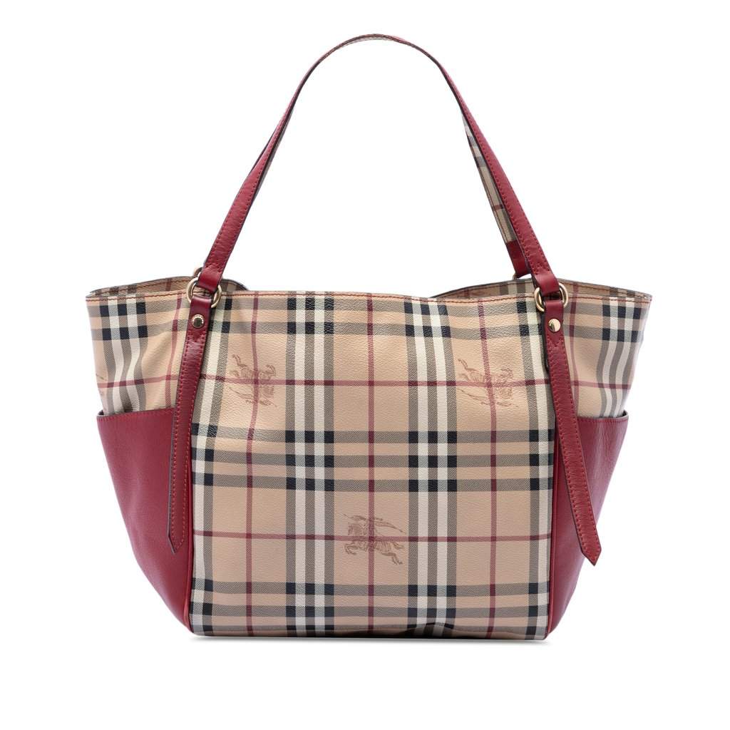 Burberry Small Leather Trimmed Haymarket Check Coated Canvas Canterbury Tote Beige Very good - Front View