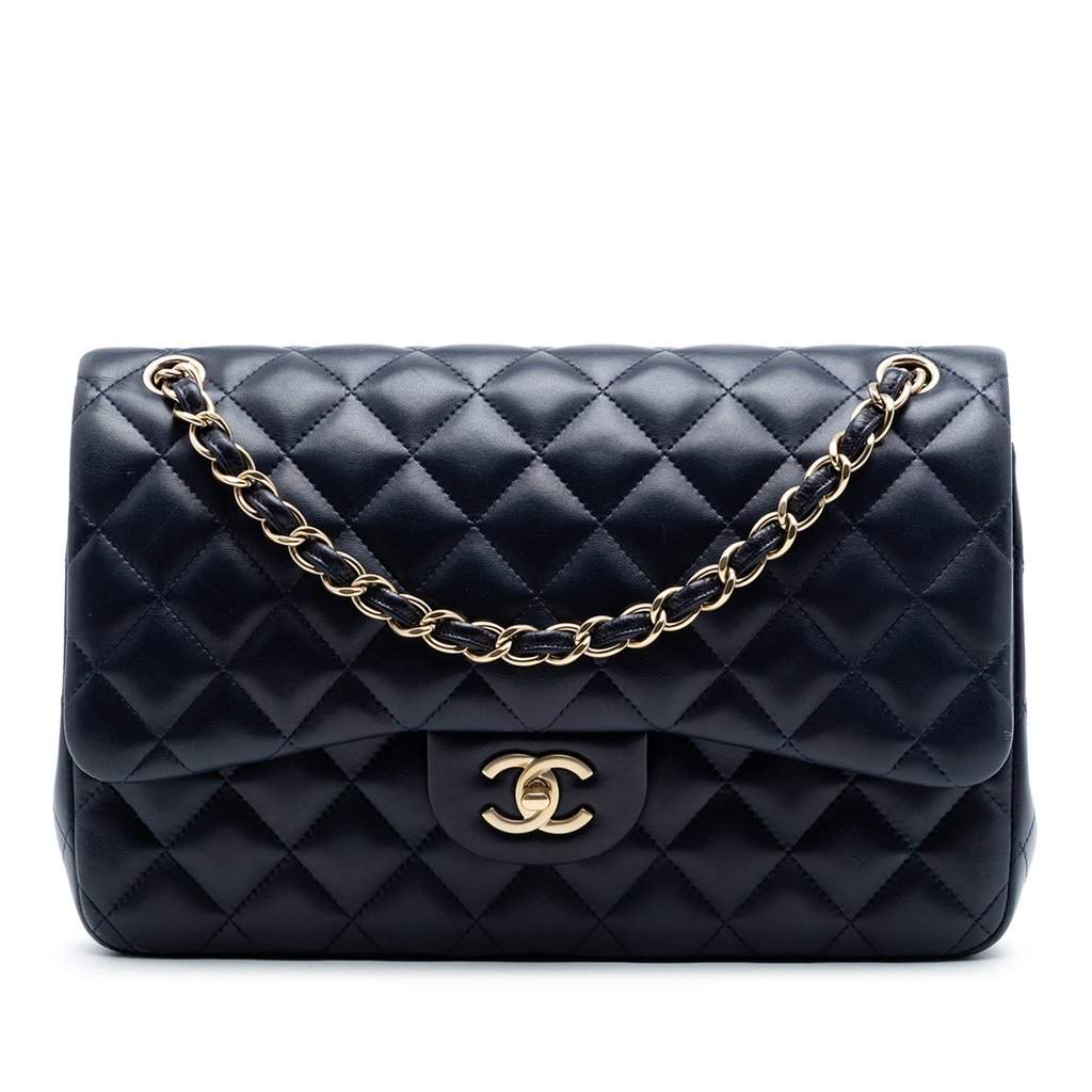 Chanel Jumbo Classic Lambskin Double Flap Blue Leather Very good condition - Front View