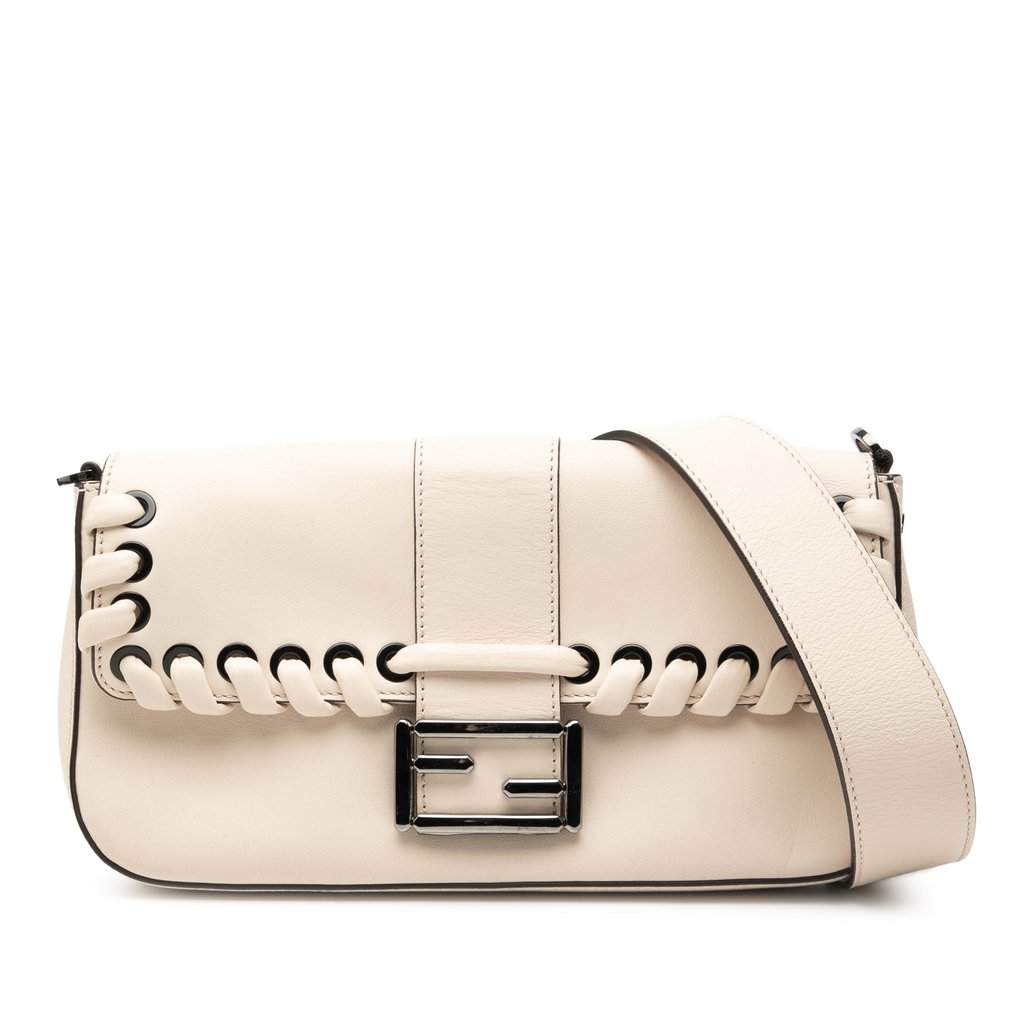 Fendi Whipstitch Leather Baguette Crossbody White Leather Very good - Front View