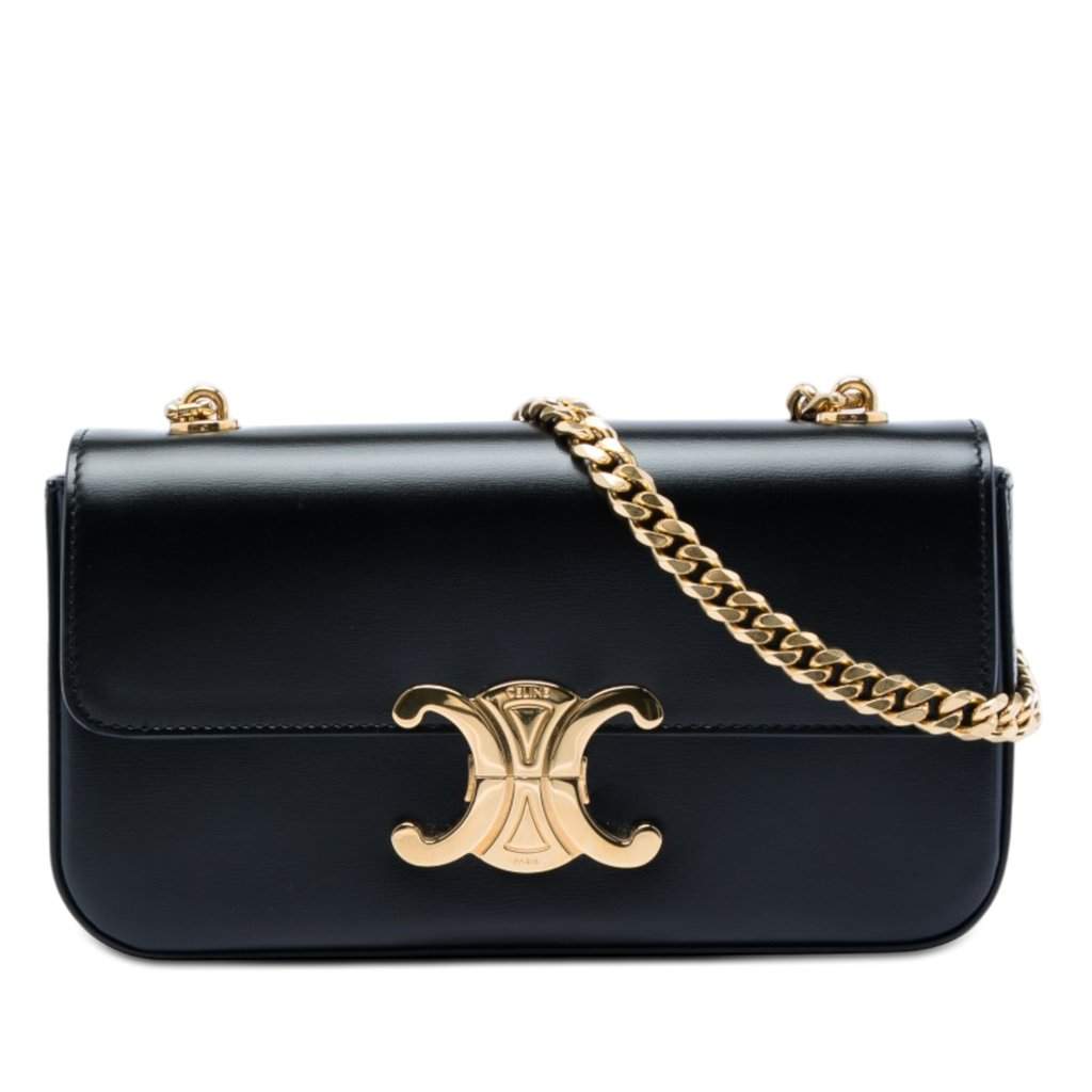 Celine Shiny Calfskin Claude Chain Shoulder Bag Black Leather Very good - Front View