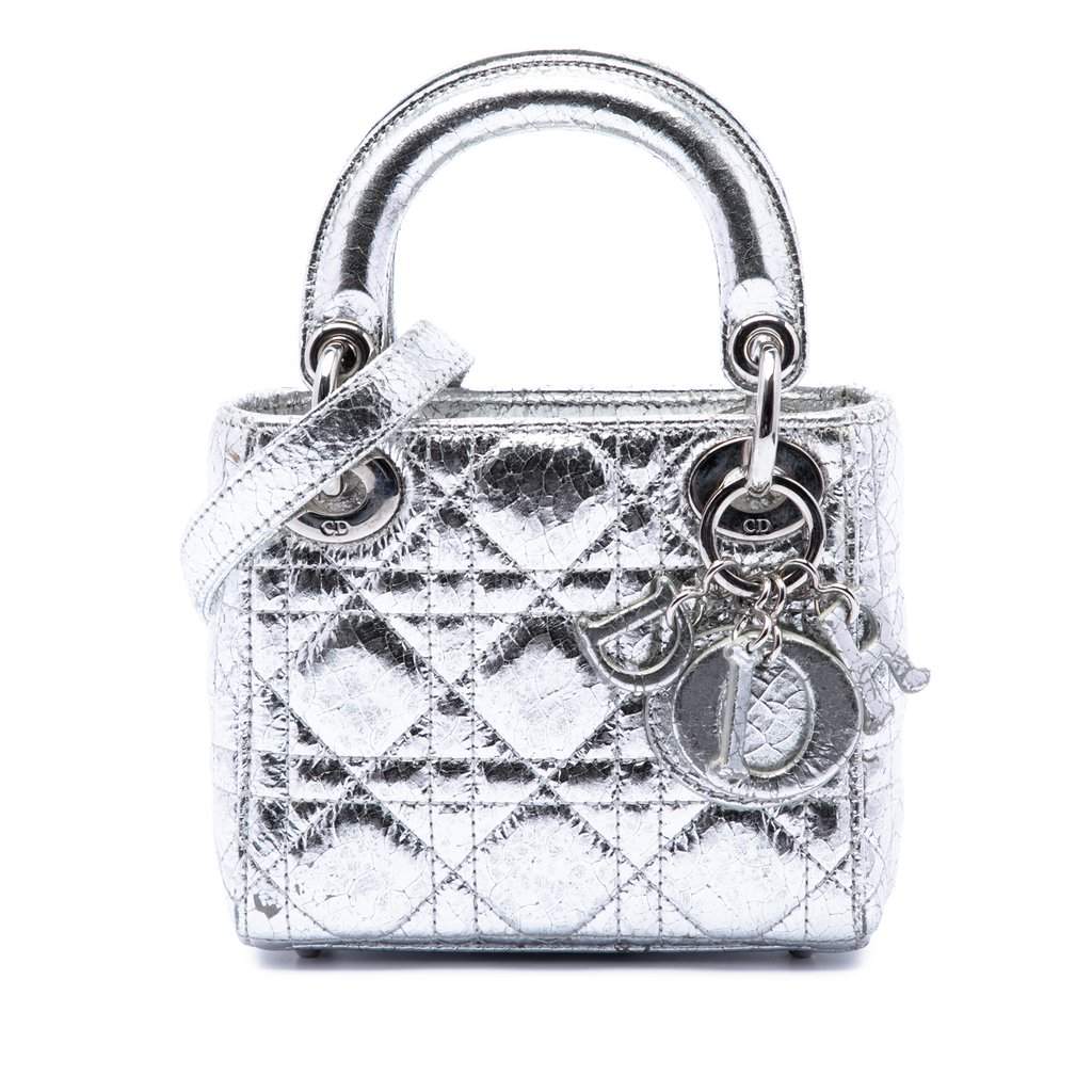 Dior Micro Metallic Crinkled Calfskin Cannage Lady Dior Silver Leather Very good condition - Front View