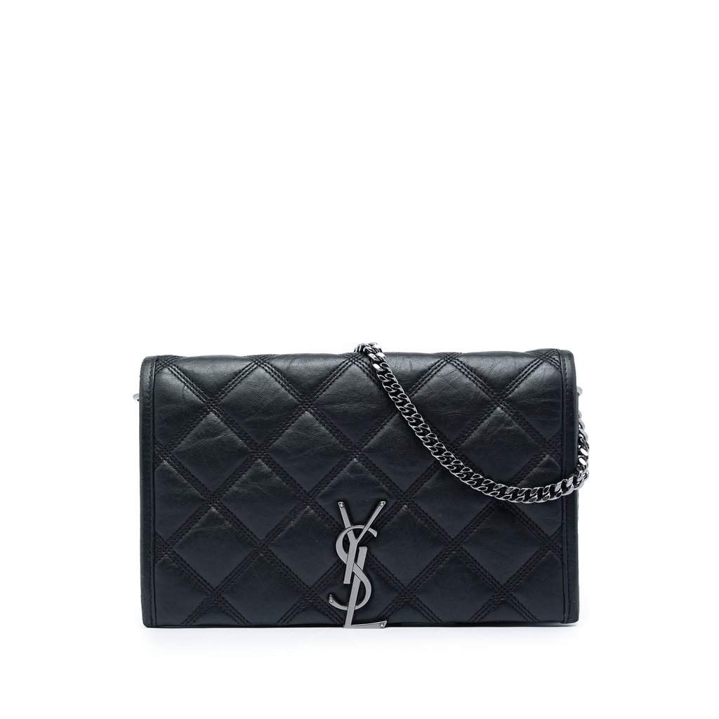 Saint Laurent Quilted Diamond Lambskin Becky Wallet on Chain Black Leather Very good - Front View