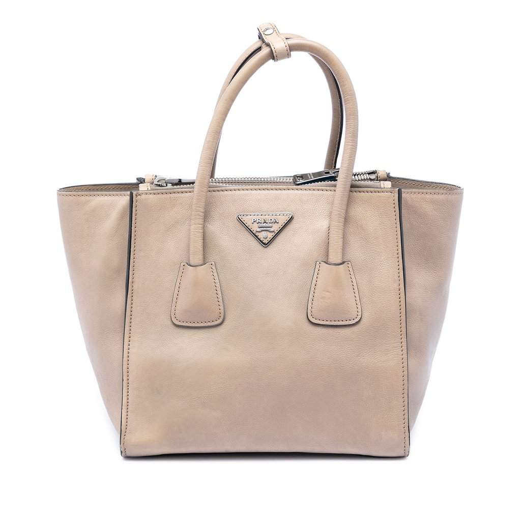 Prada Small Glace Calf Twin Pocket Satchel Beige Leather Very good condition - Front View