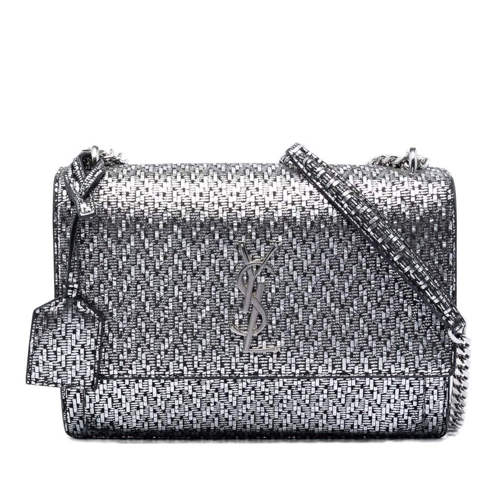 Saint Laurent Medium Metallic Woven Leather Monogram Sunset Crossbody Silver Leather Very good condition - Front View
