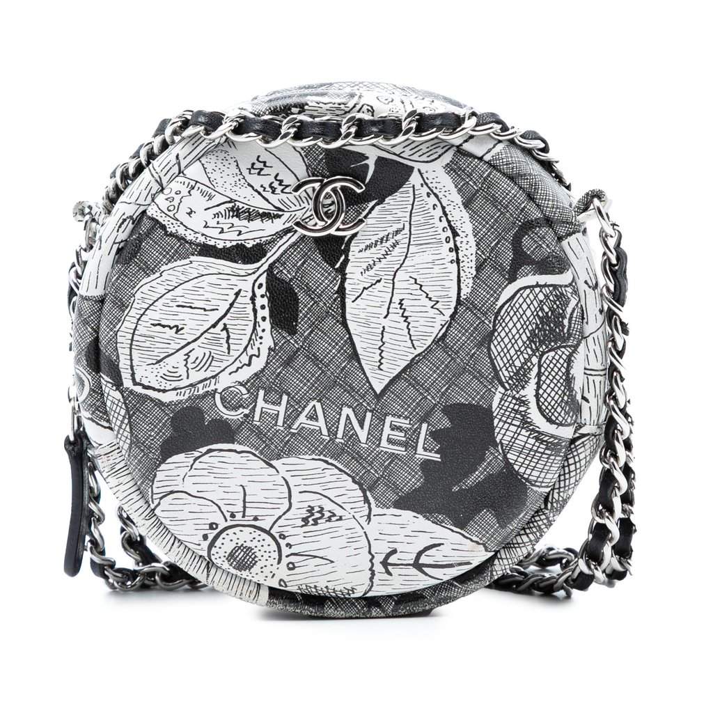 Chanel CC Calfskin Floral Round Clutch on Chain White Leather Very good condition - Front View