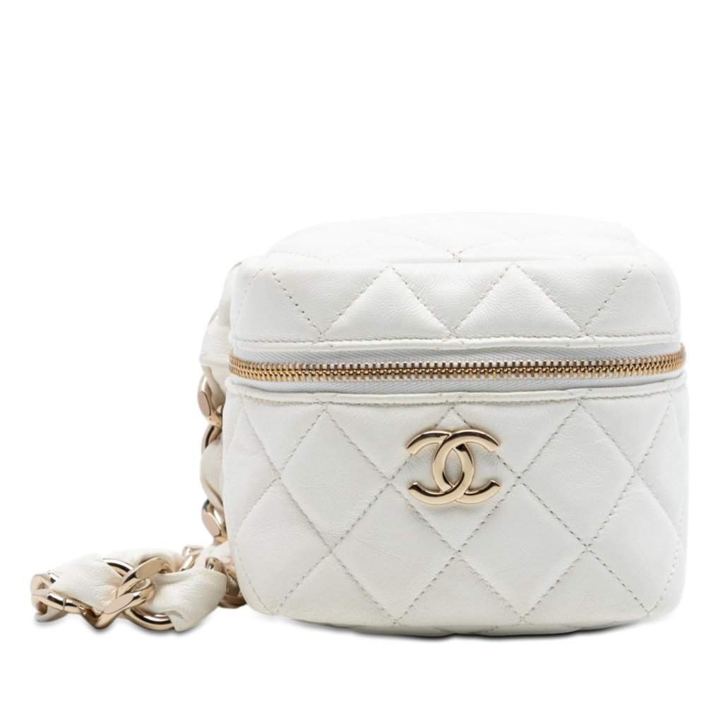 Chanel CC Quilted Lambskin Cube Zip Clutch with Chain White Leather Very good condition - Front View