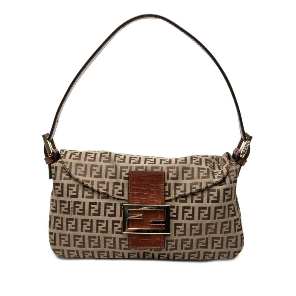 Fendi Zucchino Canvas Double Flap Shoulder Bag Brown Very good condition - Front View