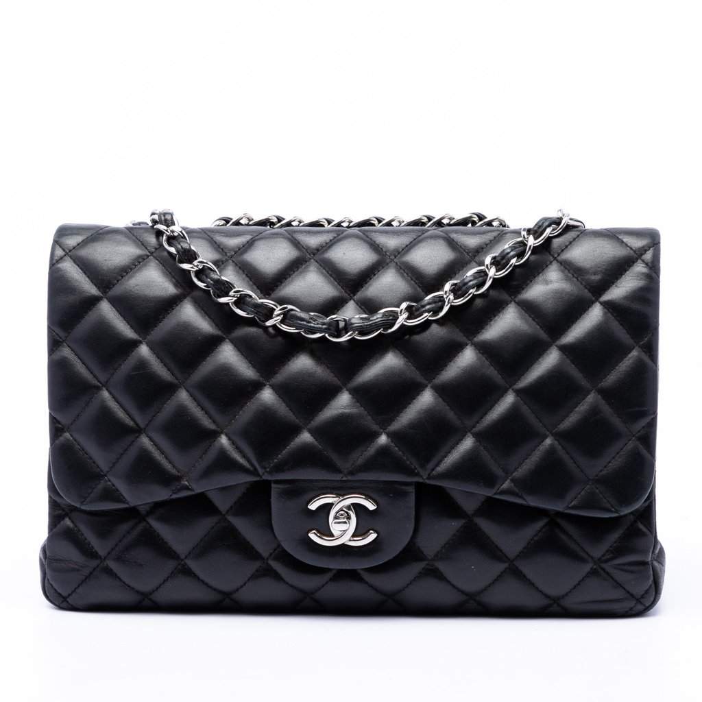 Chanel Jumbo Classic Lambskin Single Flap Black Leather Very good - Front View