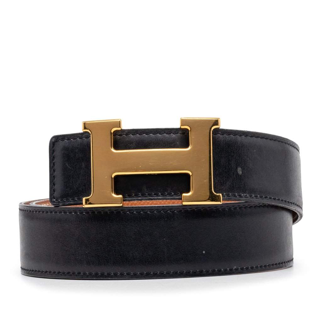 Hermès Box Calf and Courchevel Constance H Reversible Belt Black Leather Very good condition - Front View