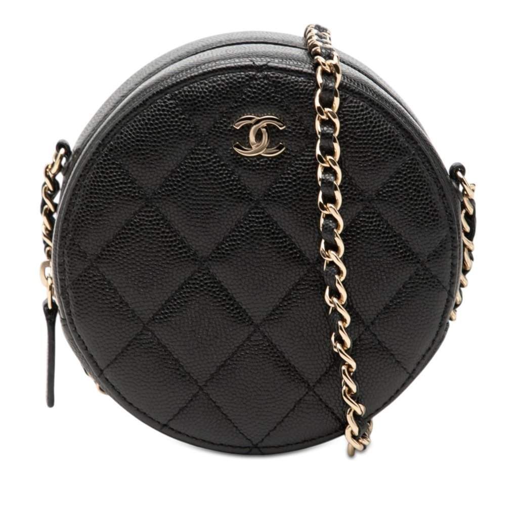 Chanel CC Quilted Caviar Round Clutch With Chain Black Leather Very good - Front View