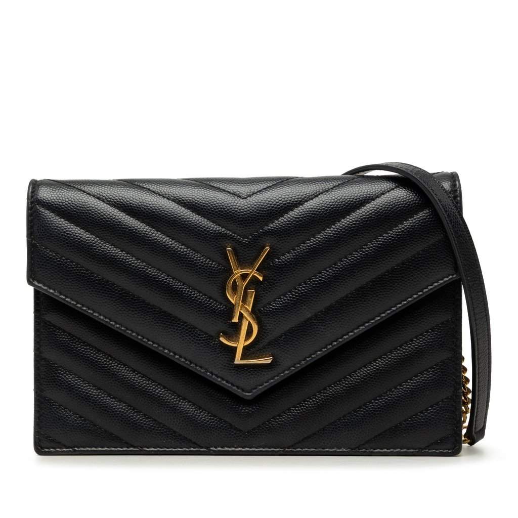 Saint Laurent Grain De Poudre Cassandre Envelope Chain Wallet Black Leather Very good - Front View