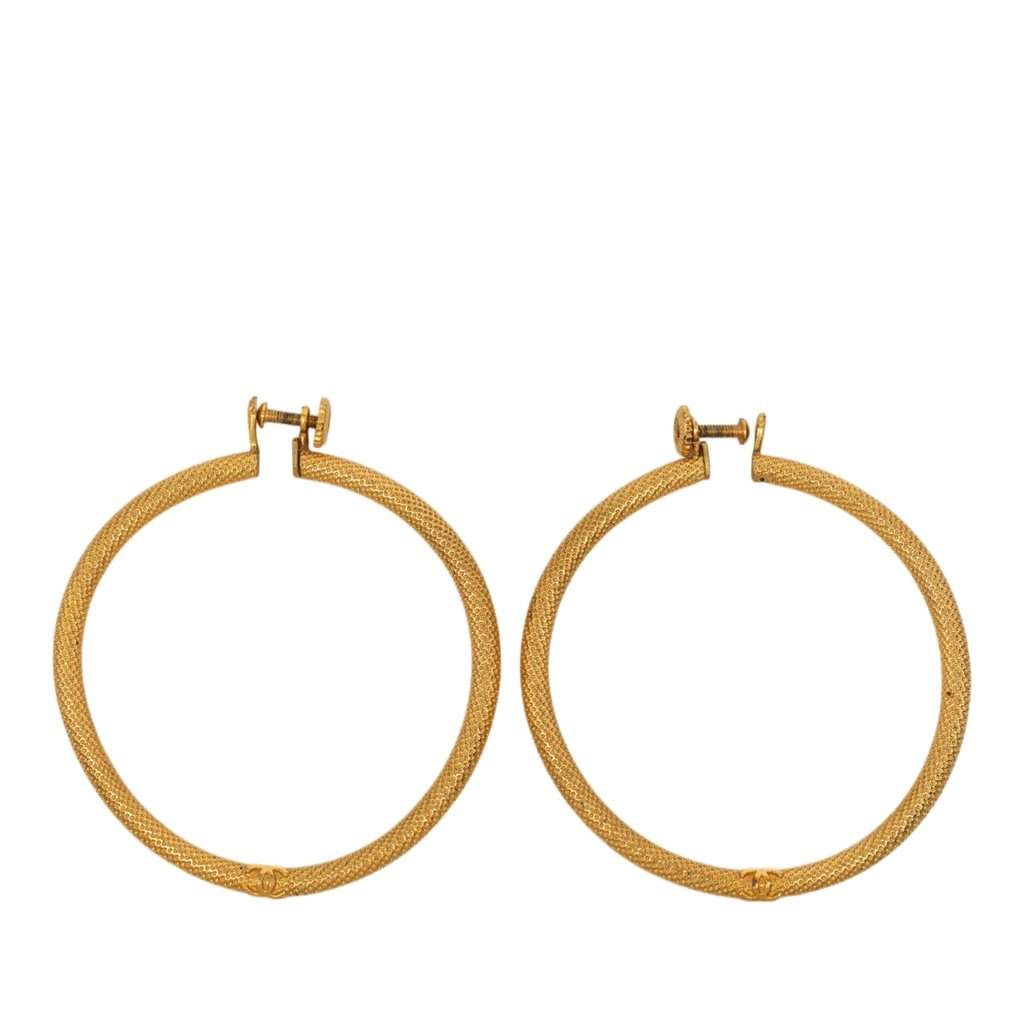 Chanel CC Gold Plated Textured Hoop Screw Back Earrings Gold Metal Very good - Front View