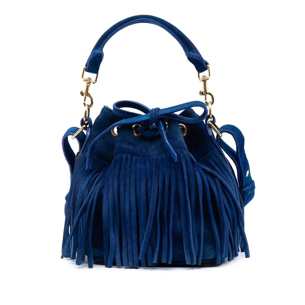 Saint Laurent Small Suede Emmanuelle Fringe Bucket Bag Blue Leather Very good condition - Front View