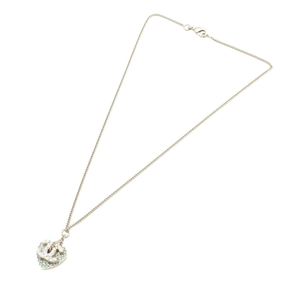 Chanel Gold Plated Rhinestone CC Logo and Heart Pendant Necklace Gold Metal Very good condition - Front View