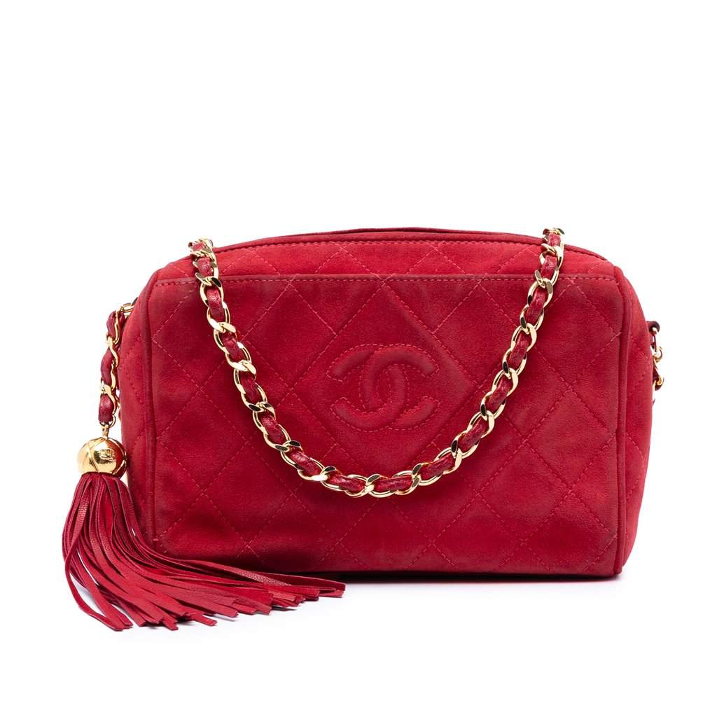 Chanel CC Quilted Suede Tassel Diamond Camera Bag Red Leather Very good condition - Front View