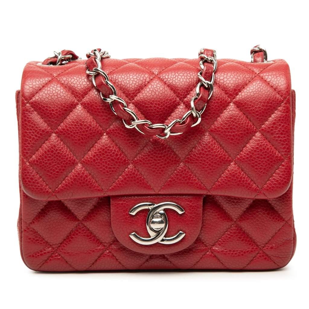 Chanel Mini Square Classic Caviar Single Flap Red Leather Very good - Front View