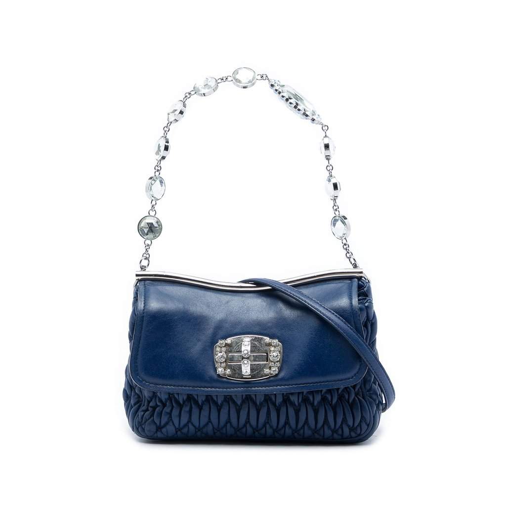 Miu Miu Matelasse Nappa Crystal Frame Flap Satchel Blue Leather Very good - Front View
