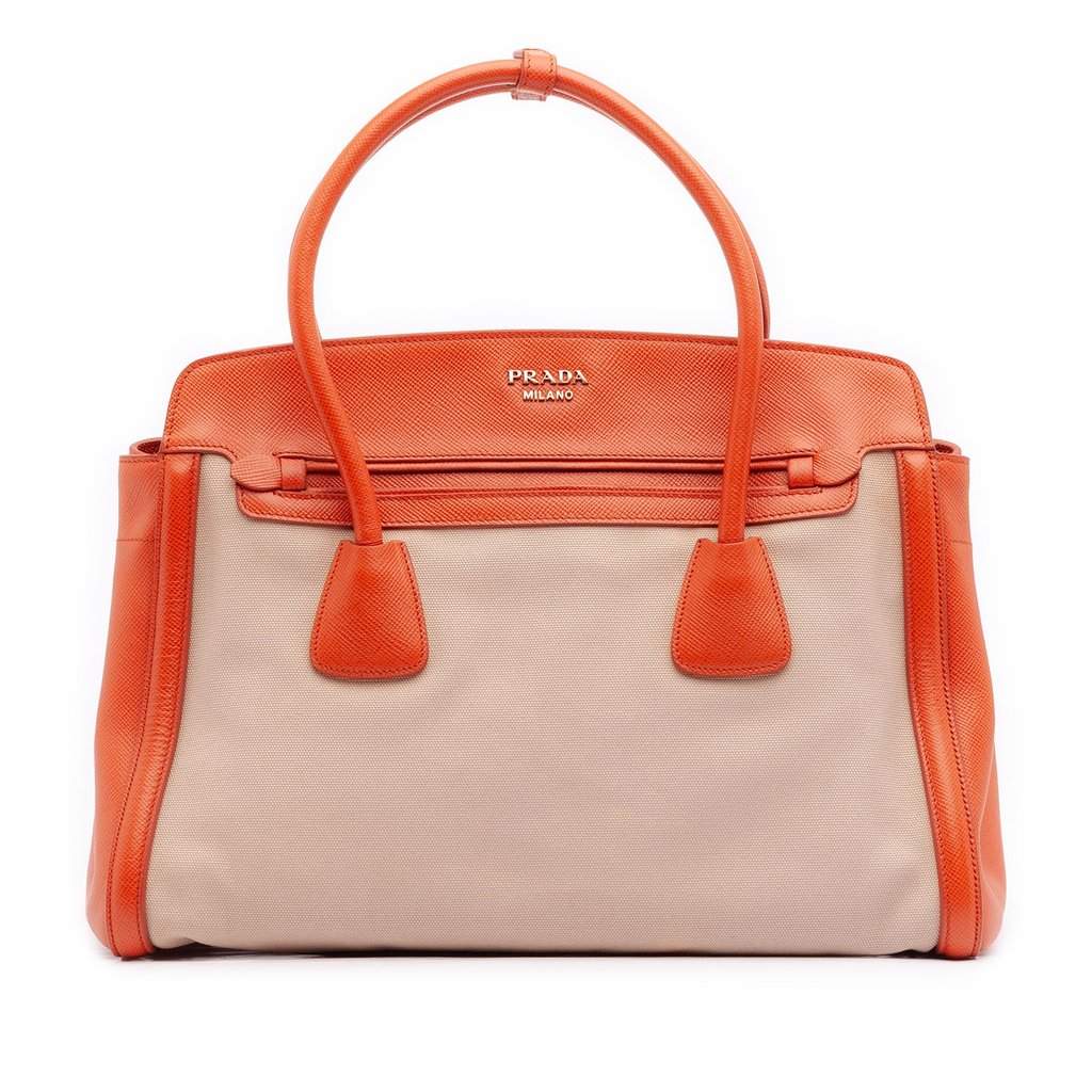 Prada Bicolor Saffiano Cuir Trimmed Canvas Satchel Beige Very good condition - Front View