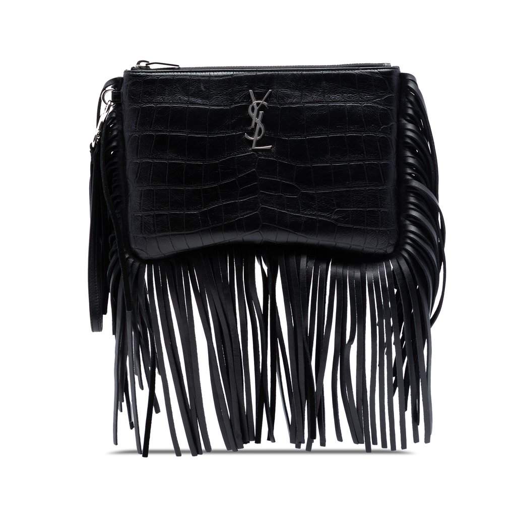 Saint Laurent Croc Embossed Calfskin Monogram Fringe Clutch Black Leather Very good condition - Front View