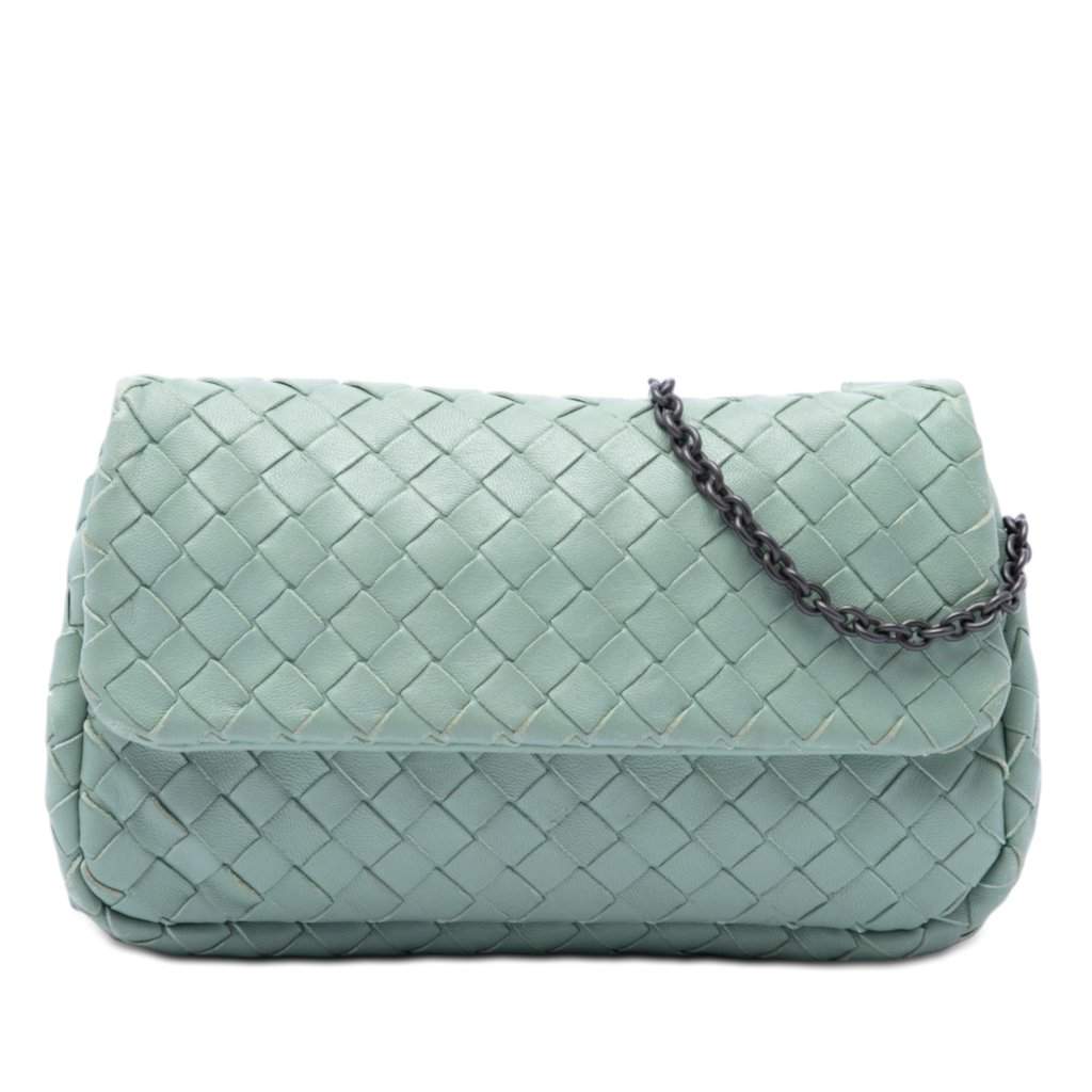 Bottega Veneta Mini Nappa Intrecciato Expandable Chain Flap Crossbody Green Leather Very good - Front View