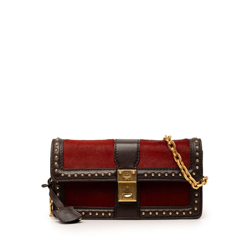 MCM Studded Leather and Ponyhair Shoulder Bag Red Very good - Front View