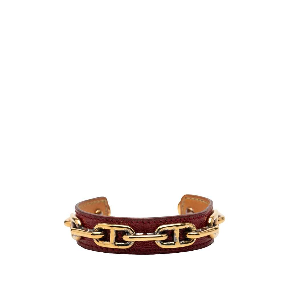 Hermès Leather and Gold Plated Chaine d Ancre Cuff Bracelet Red Leather Good - Front View