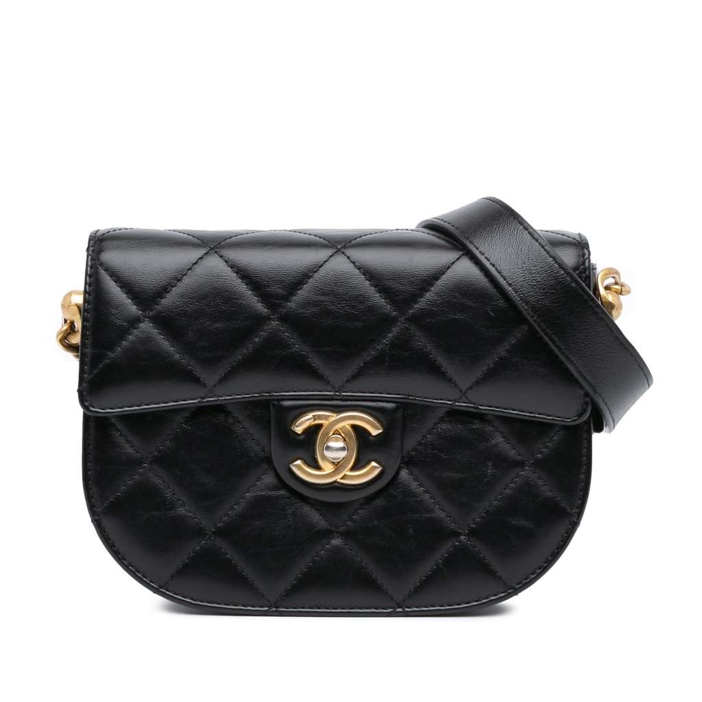 Chanel CC Quilted Calfskin Round Moon Messenger Flap Black Leather Very good - Front View