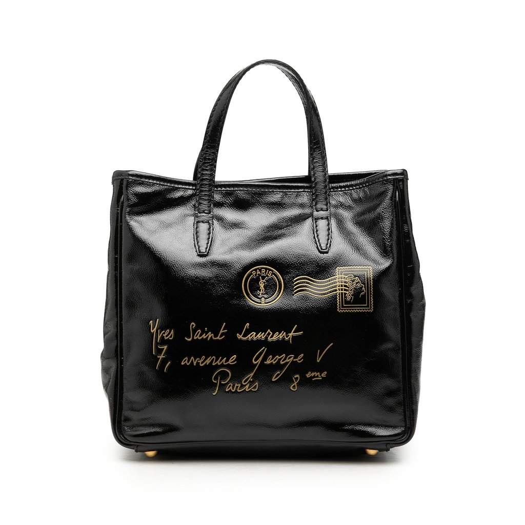 Saint Laurent Small Textured Patent Y Mail Tote Black Leather Very good condition - Front View
