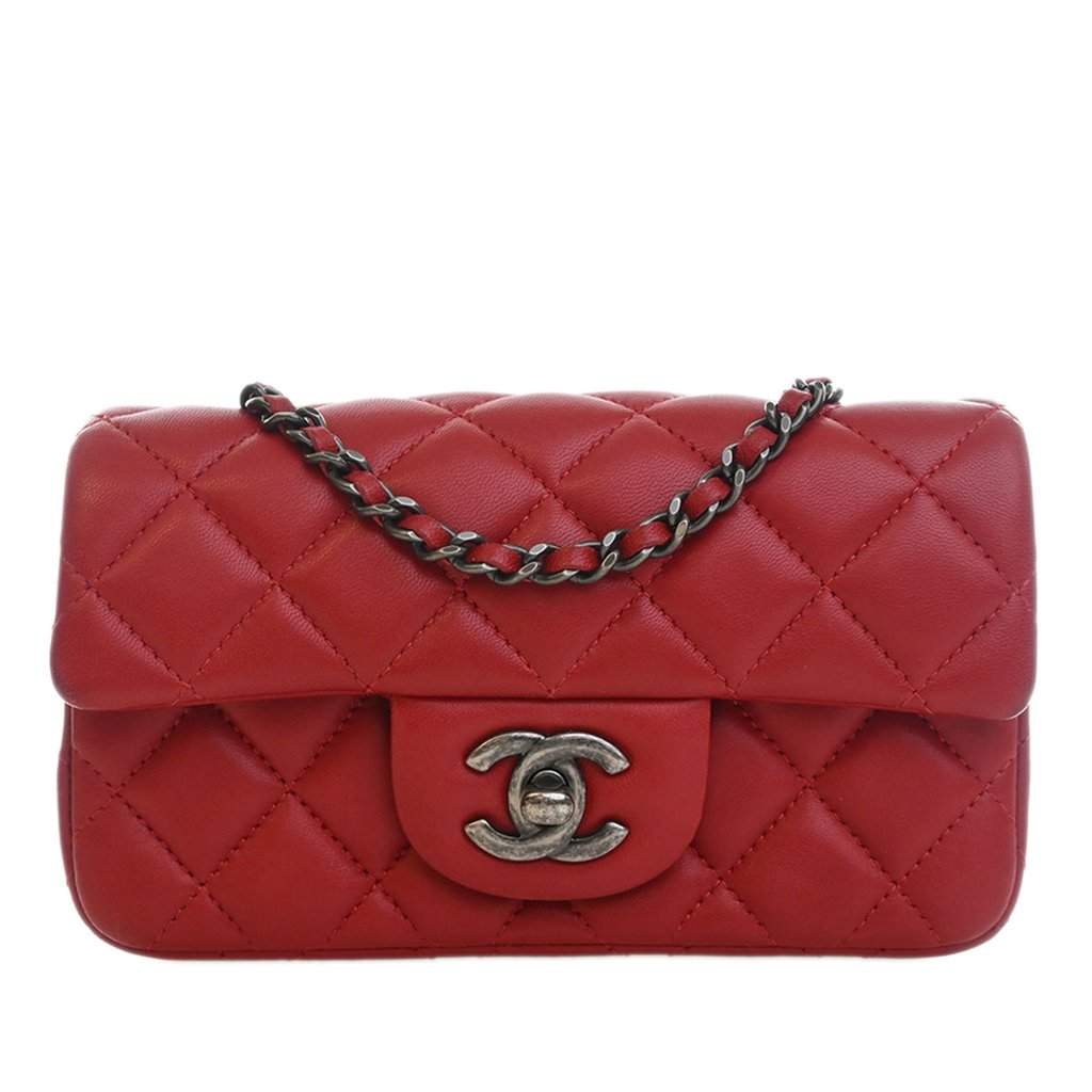 Chanel Extra Mini Rectangular Classic Lambskin Single Flap Red Leather Very good - Front View