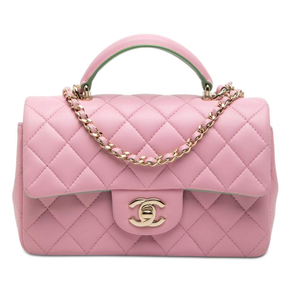Chanel Mini Rectangular Bicolor Quilted Lambskin Top Handle Flap Pink Leather Very good condition - Front View