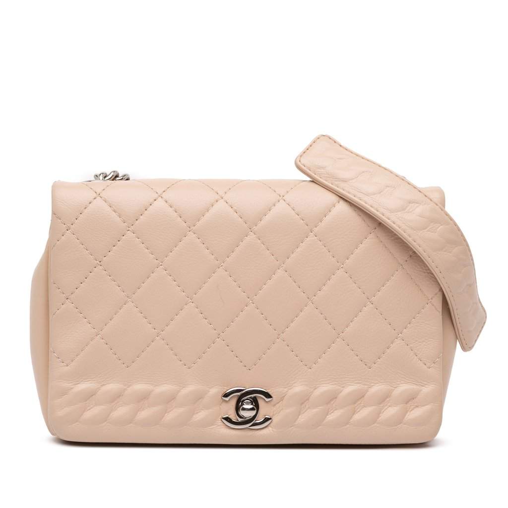 Chanel Quilted Calfskin Chain Embossed Flap Brown Leather Good - Front View