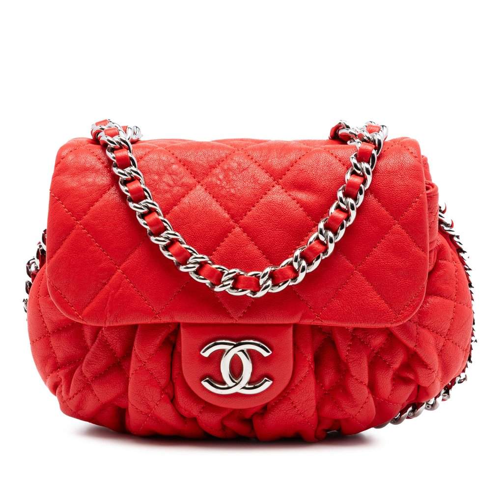 Chanel Mini CC Quilted Washed Lambskin Chain Around Flap Red Leather Very good condition - Front View