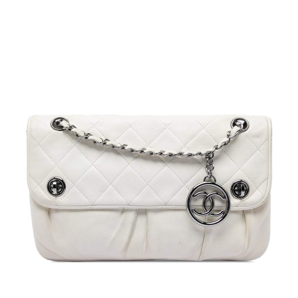 Chanel CC Quilted Lambskin Double Turnlock Flap White Leather Very good condition - Front View