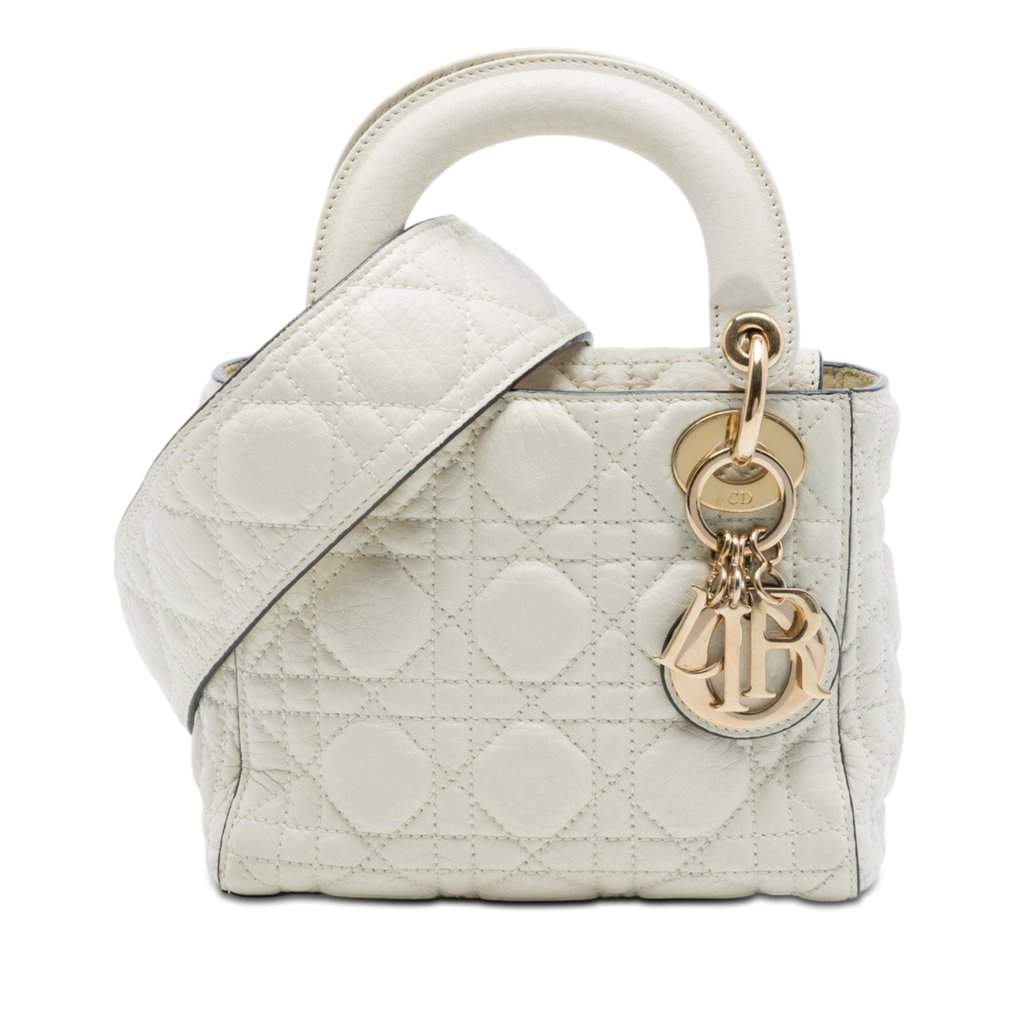 Dior Mini Lambskin Cannage Lady Dior White Leather Very good condition - Front View